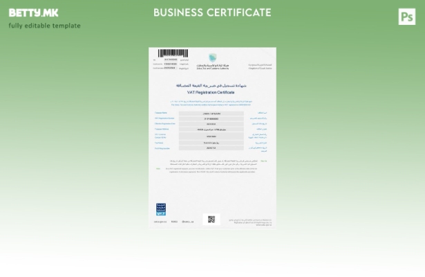 модерен стил Сертификат за регистрација за ДДВ во Саудиска Арабија Шаблон Word и